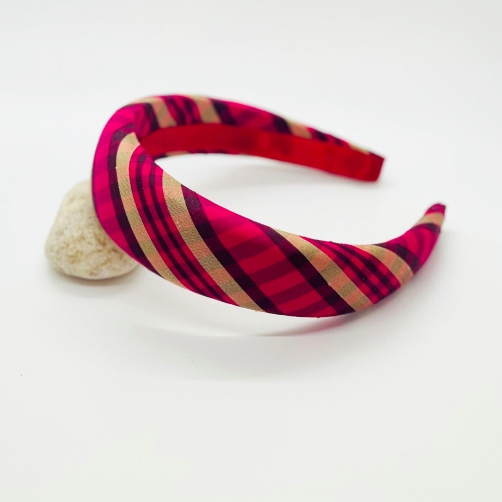 BIEN ABYE FUCHSIA MADRAS PLAID SILK HEADBAND PINK RED GOLD NWOT